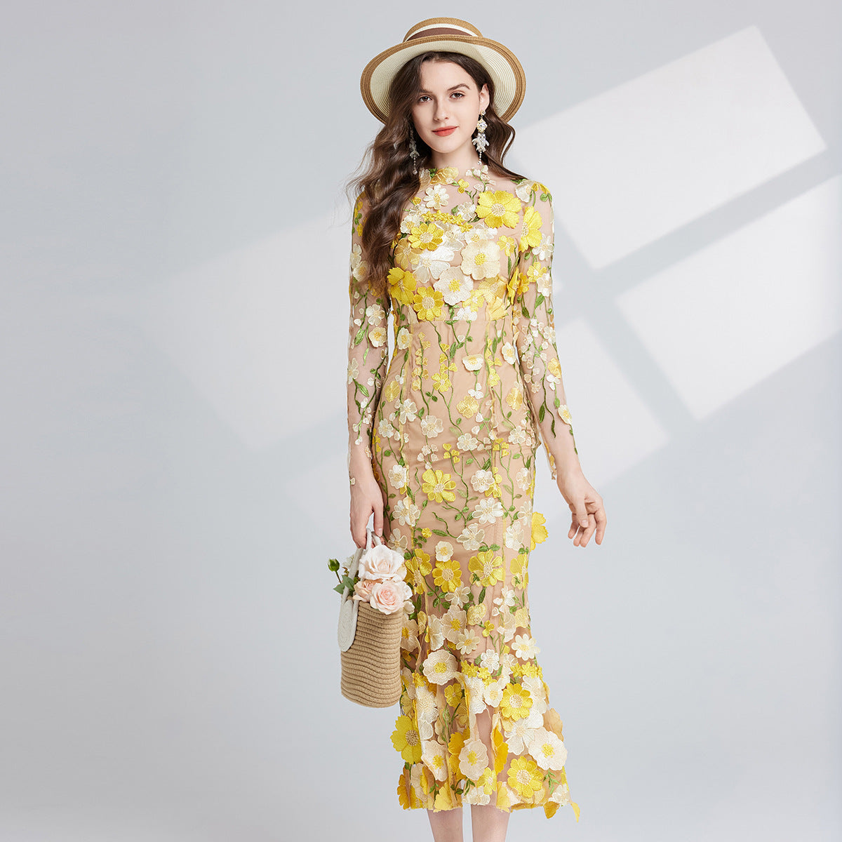 French three-dimensional embroidery long sleeved dress