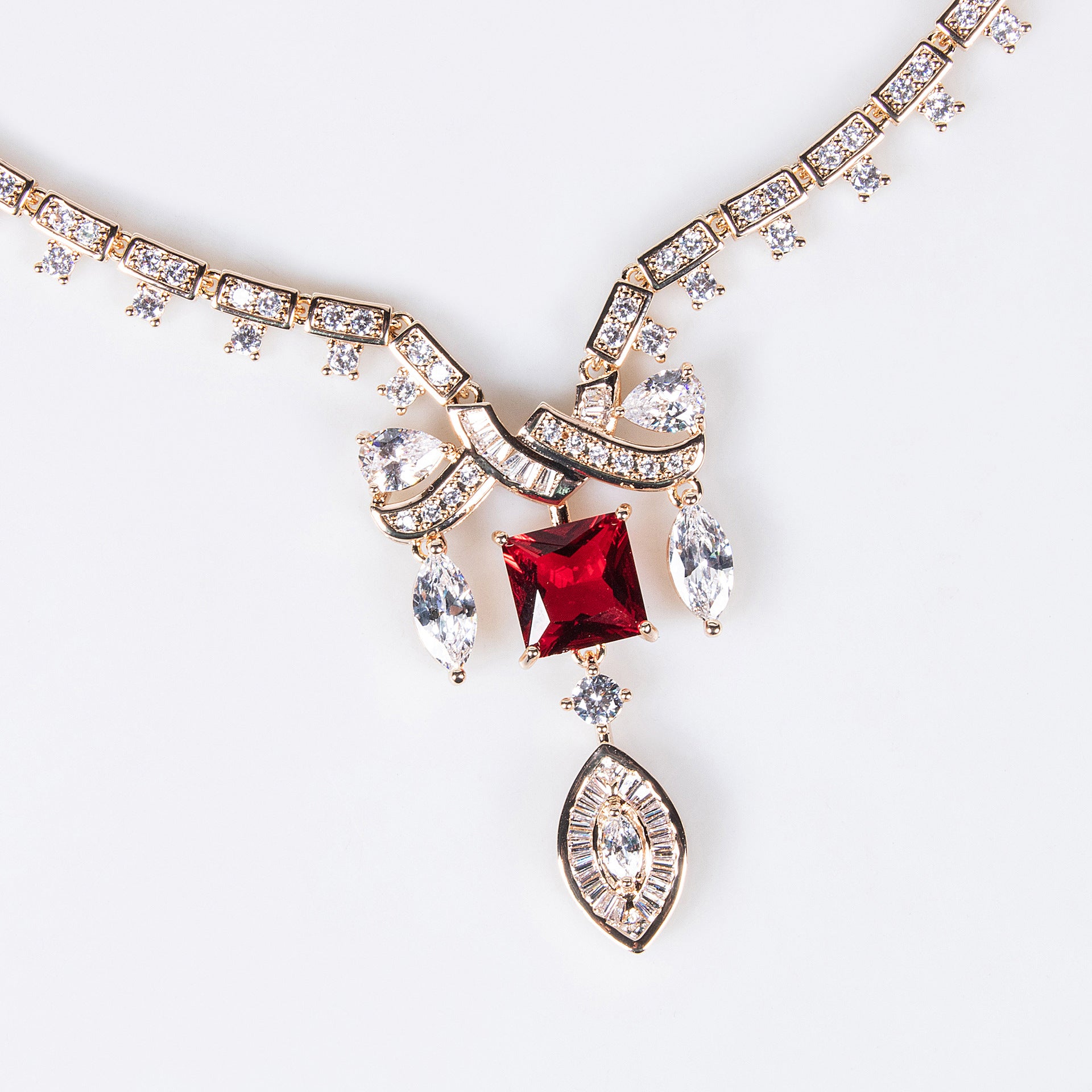 Luxury Ruby Red Crystal Necklace Earrings Set – Elegant Statement Jewelry for Women