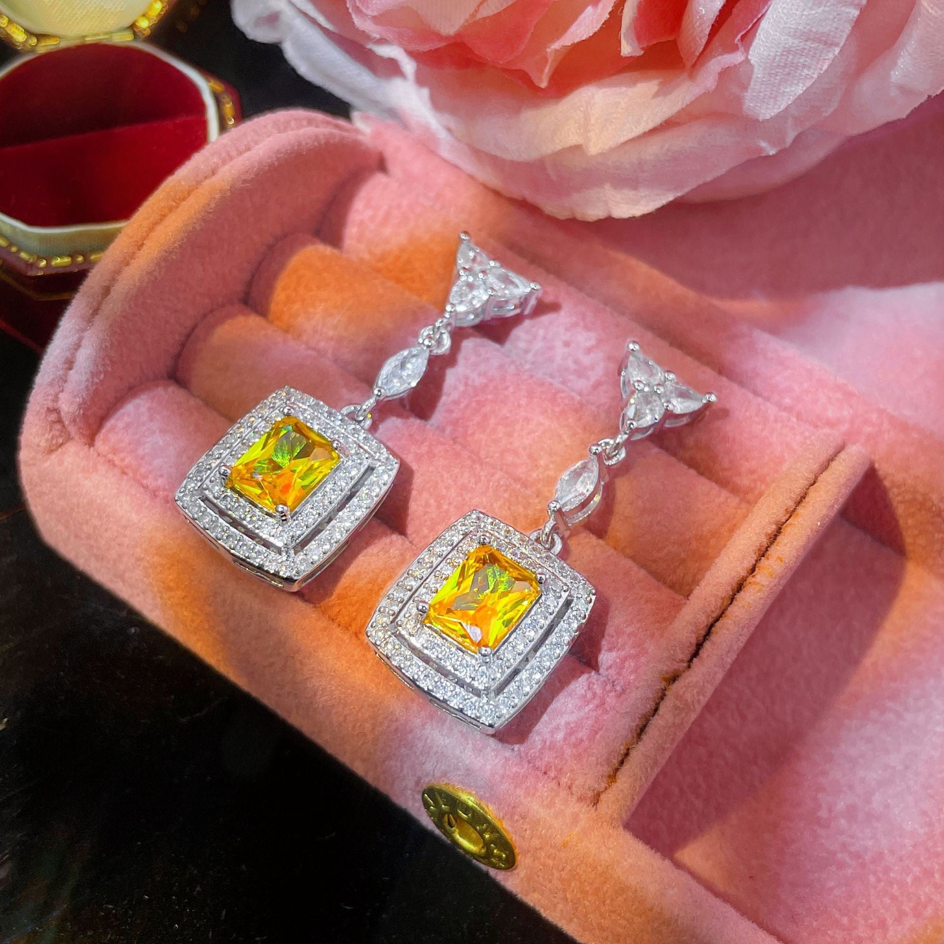 Luxury Yellow Crystal Necklace Ring and Earrings Jewelry Set