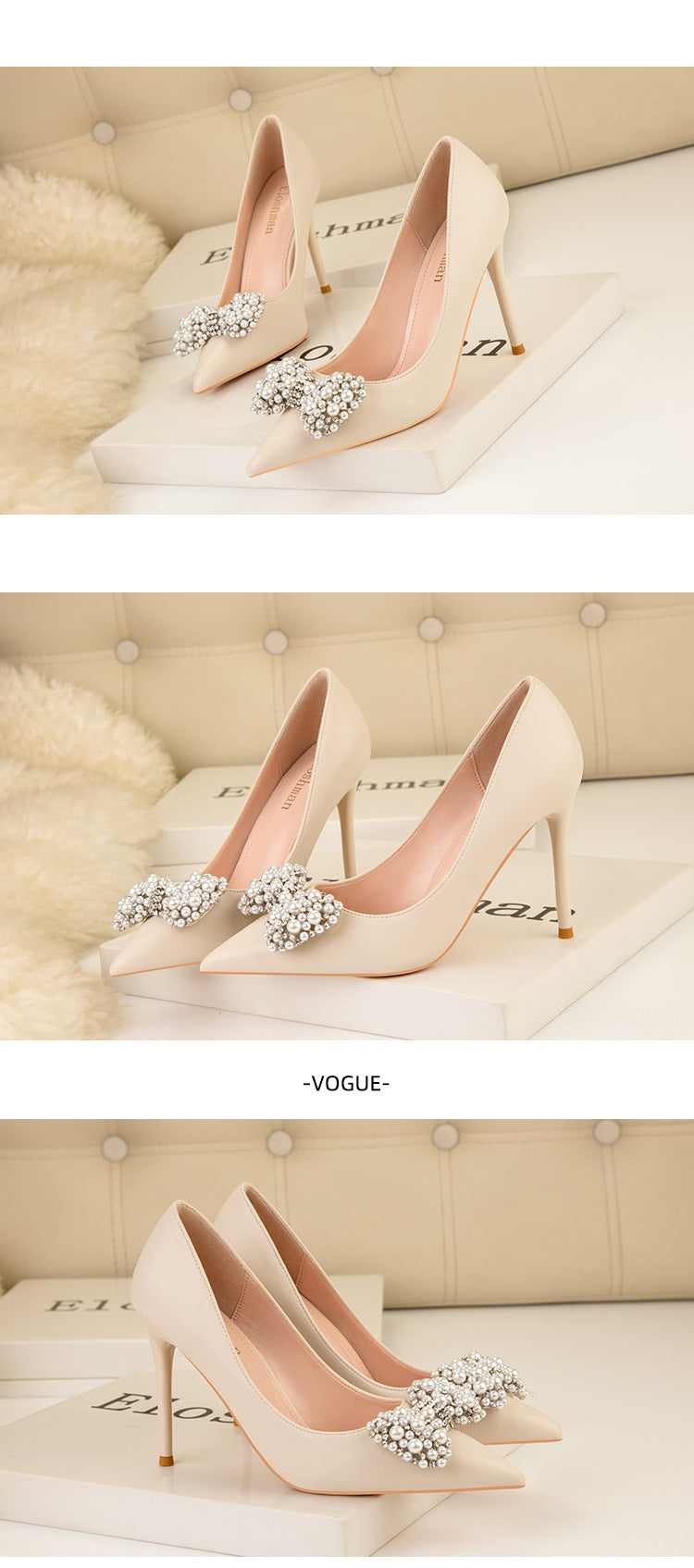 Fashion pointed pearl bow high heels