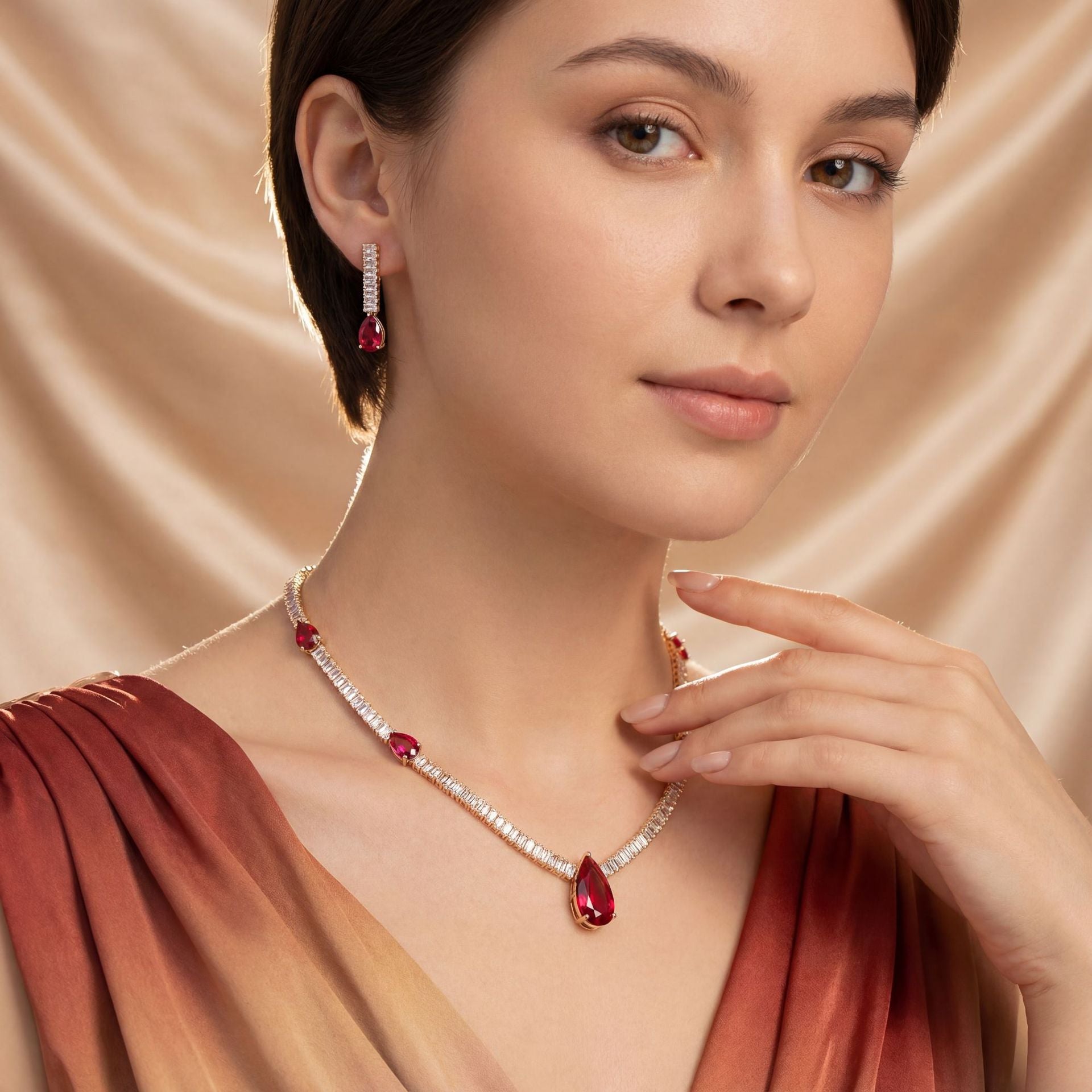 Luxury Ruby Red Teardrop Necklace Set for Women – Elegant Crystal Jewelry with Matching Earrings