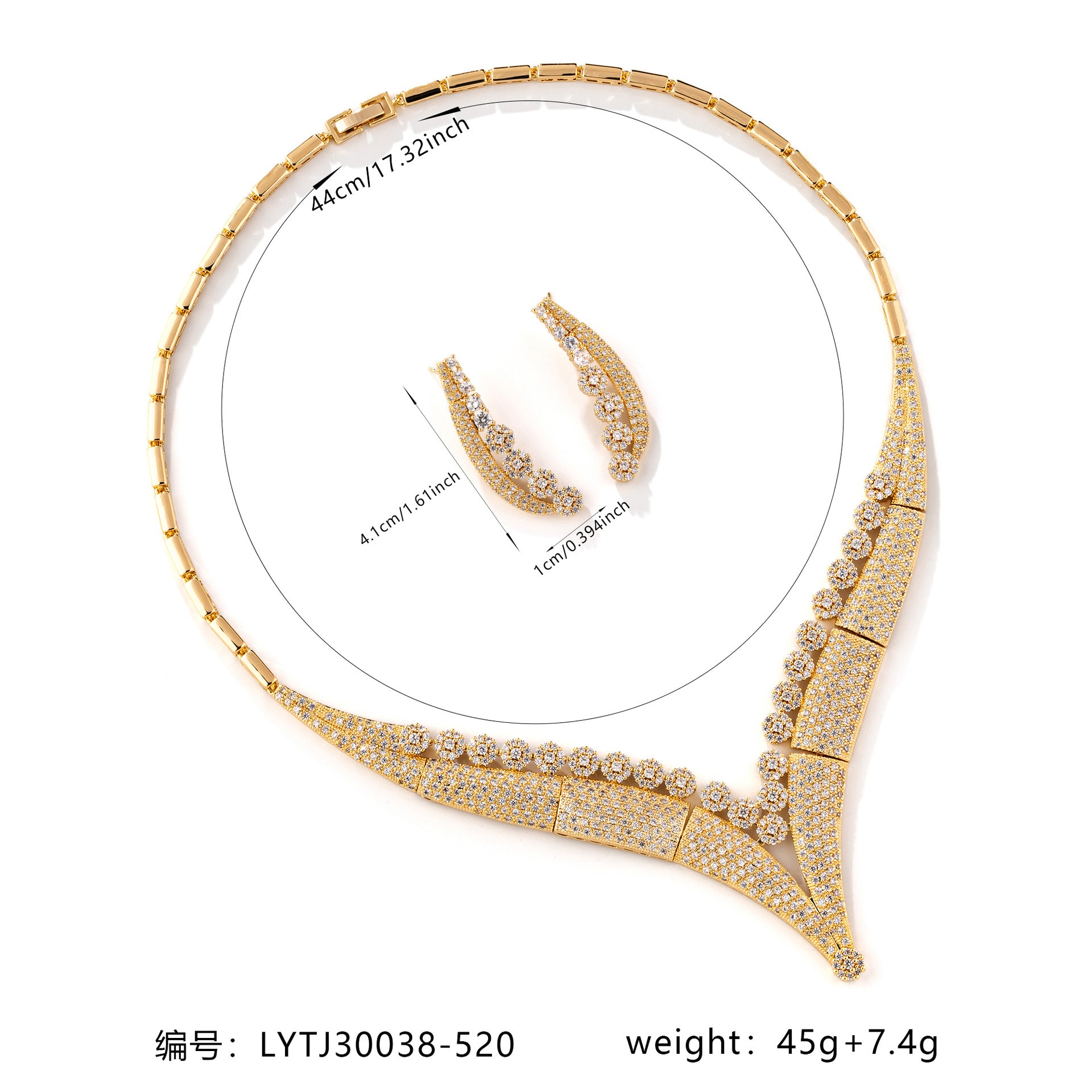 Elegant Gold Crystal Jewelry Set – V Shape Necklace Earrings for Women
