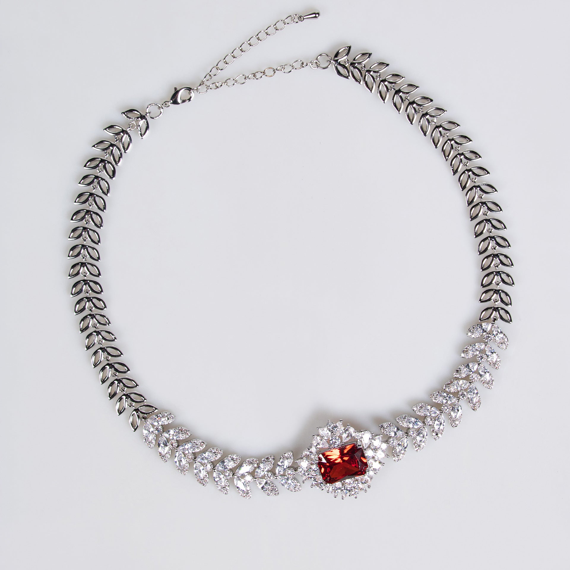 Luxury Red Rectangular Crystal Necklace and Earrings Jewelry Set for Women