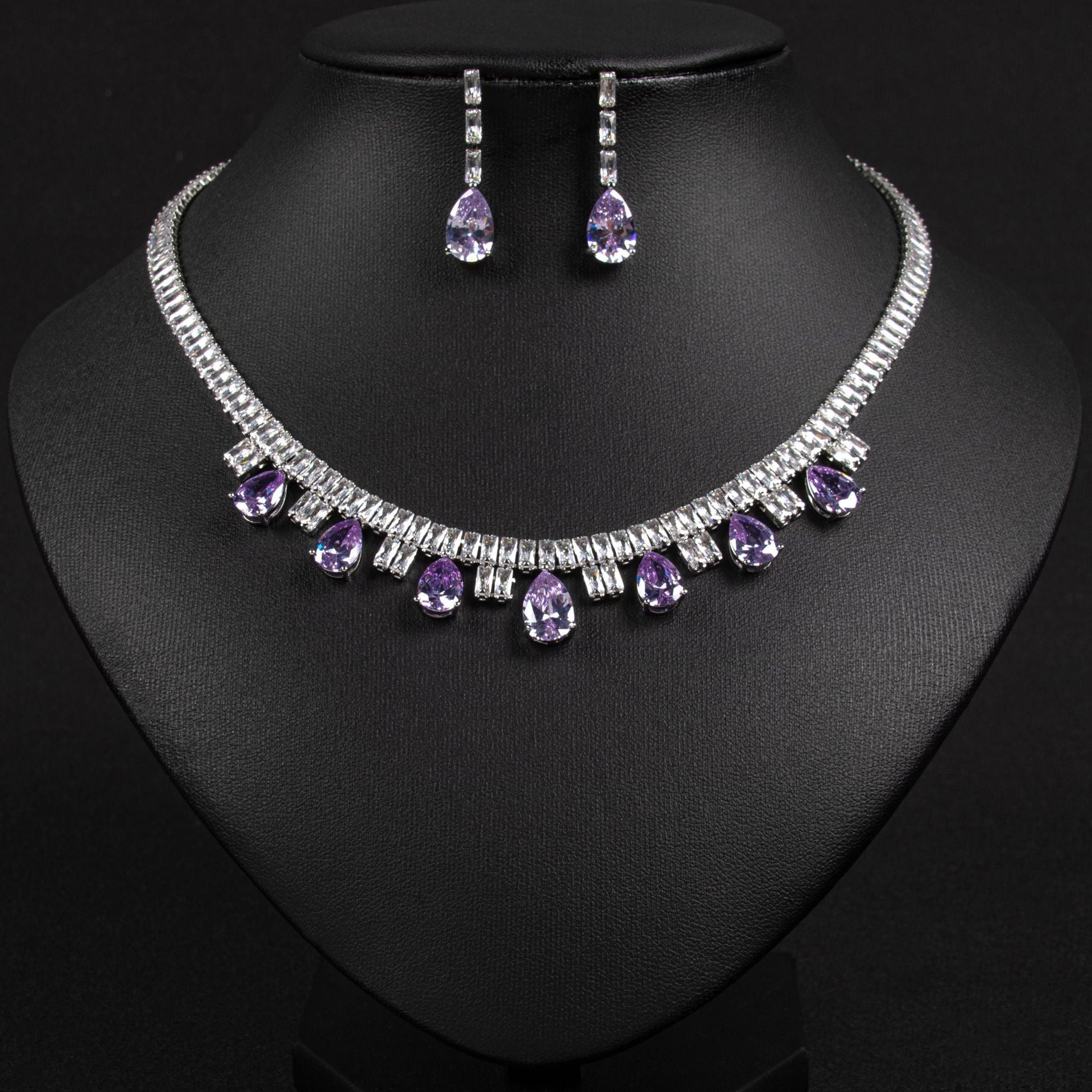 Luxury Ruby Red Teardrop Necklace Set for Women – Baguette Crystal Jewelry with Matching Earrings