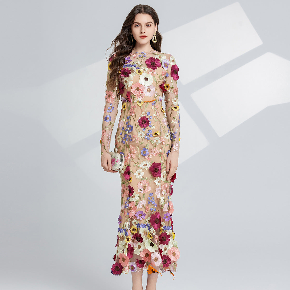 French three-dimensional embroidery long sleeved dress