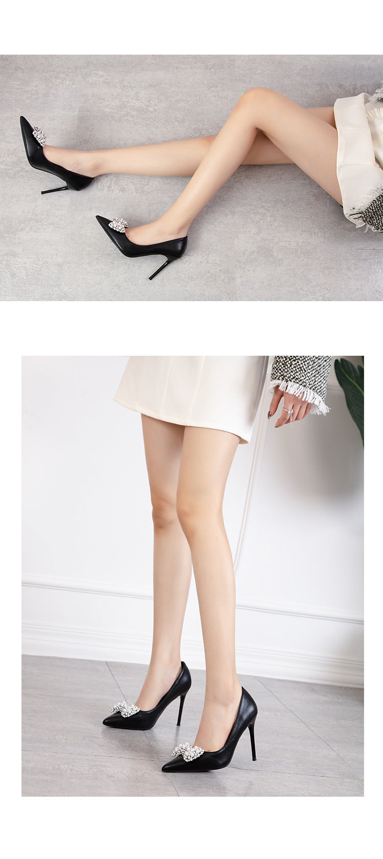 Fashion pointed pearl bow high heels