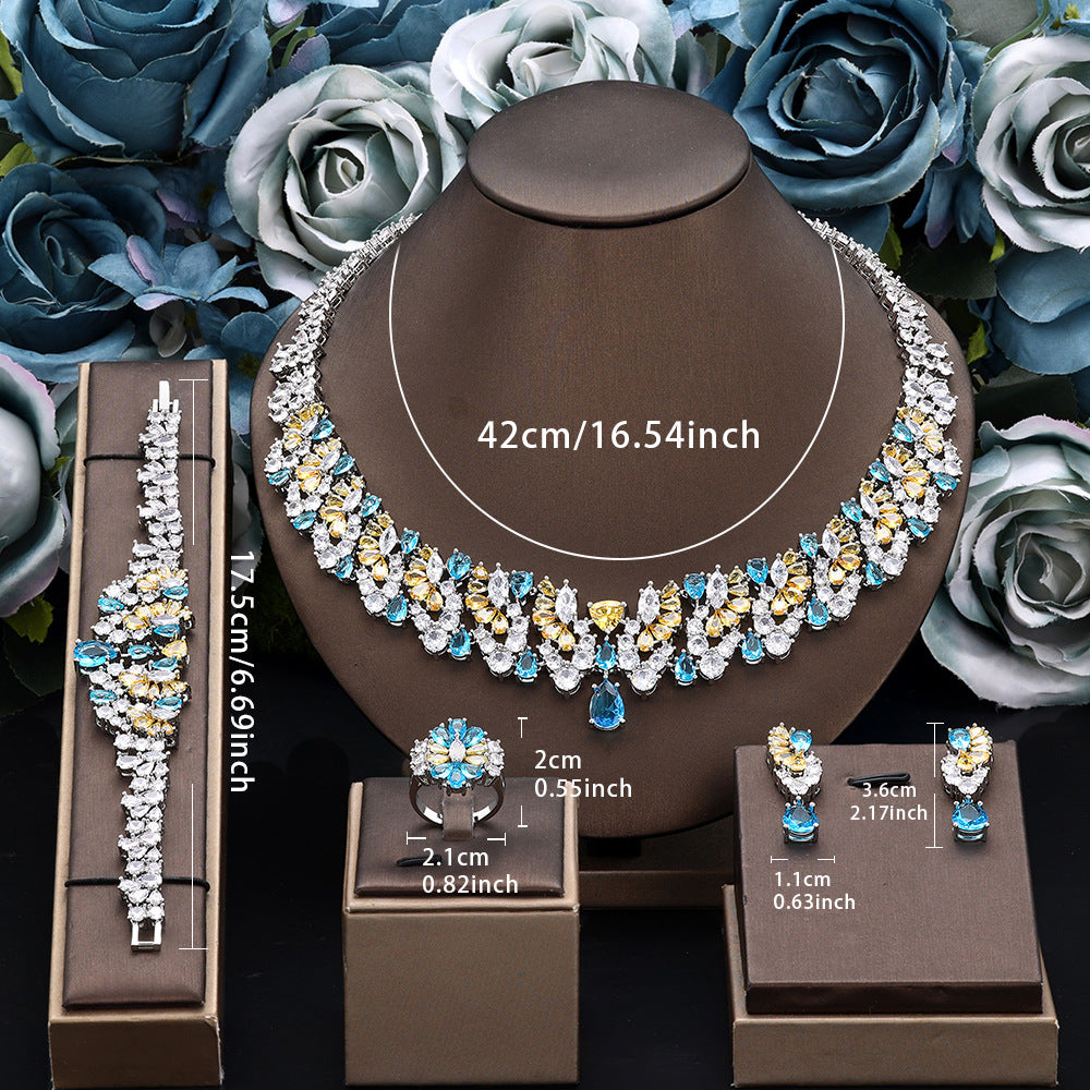 Luxury Blue Yellow Crystal Bridal Jewelry Set – Necklace Earrings Ring Tiara Set