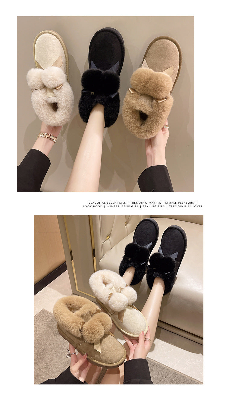 Stylish plush thermal hairball flat-bottomed snow boots