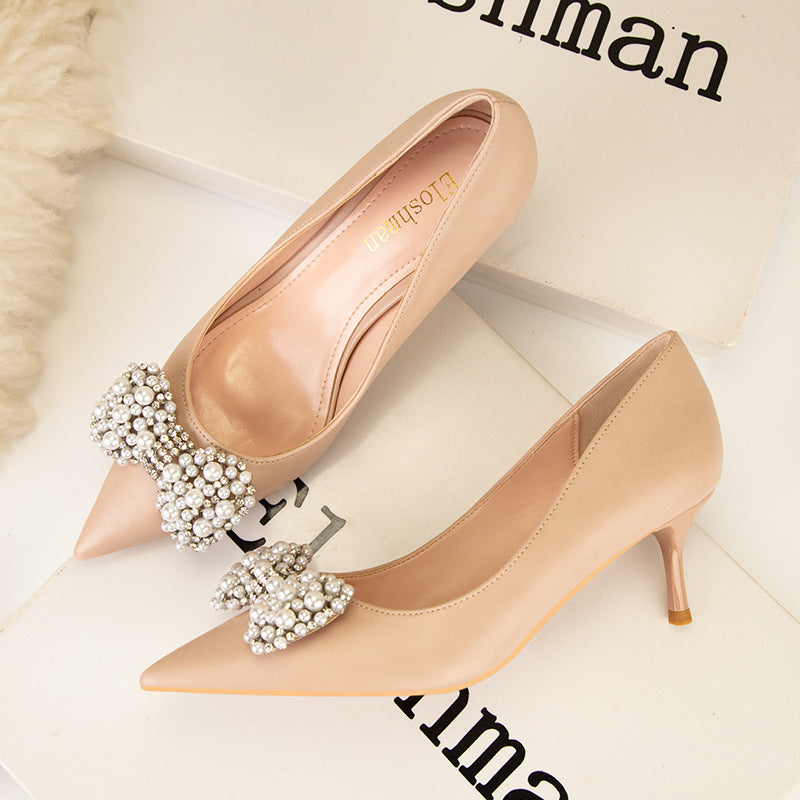 Fashion pointed pearl bow high heels