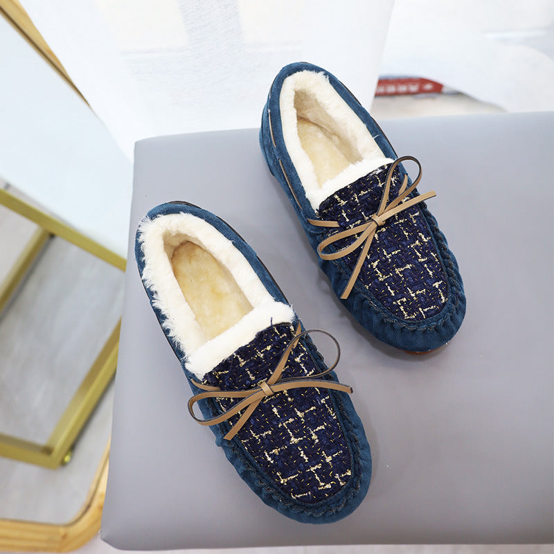 Fashion Large Size Fleece Bow Soft Sole Loafers