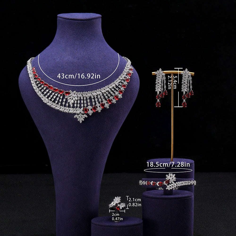 Luxury Red Crystal Tassel Jewelry Set – Necklace Earrings Bracelet Ring for Women
