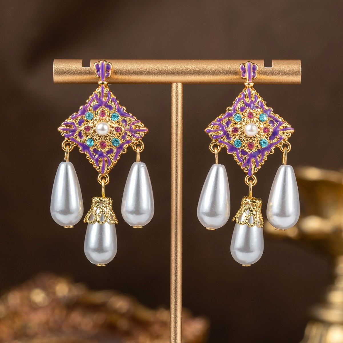 Luxury Pearl and Purple Bow Necklace and Earrings Set