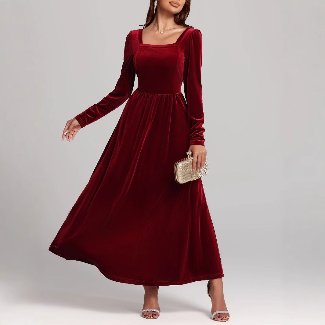 Red evening dress long dress golden velvet dress