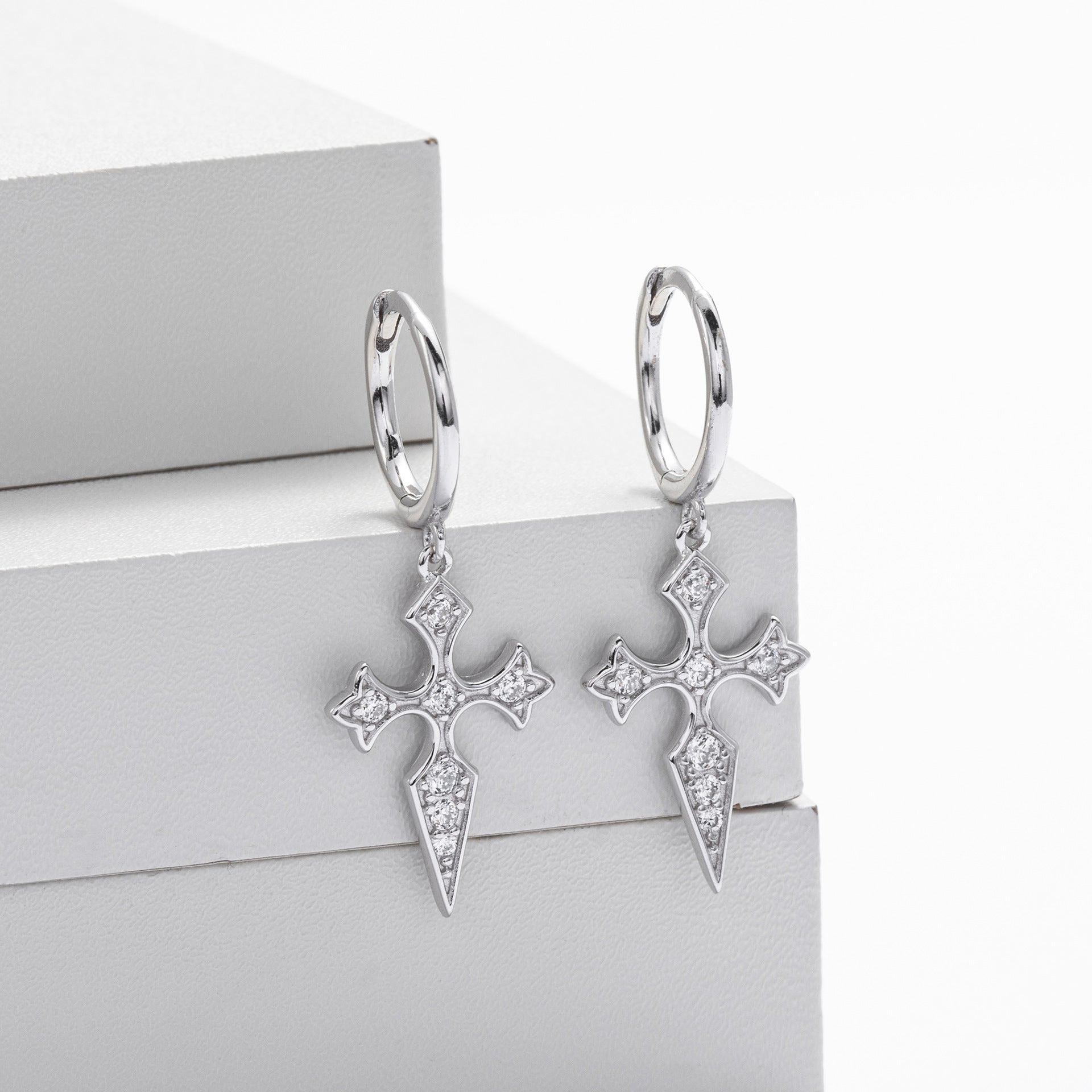 S925 sterling silver Baroque diamond studded cross earrings