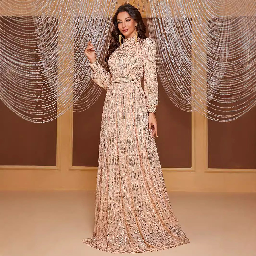 Solid color sequined long-sleeved stand-up neck evening dress long dress