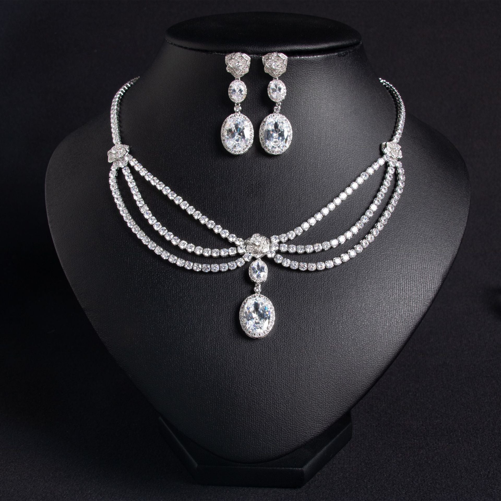 Luxury Yellow Gemstone Triple-Strand Necklace Set for Women – Crystal Jewelry with Matching Earrings