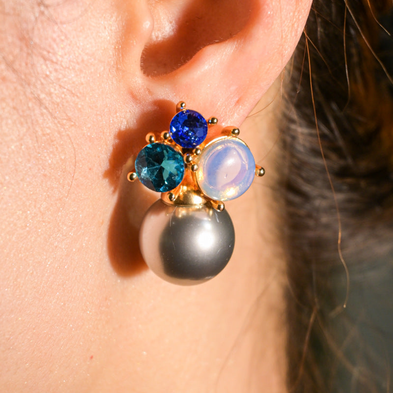 Premium blue rhinestone pearl stud earrings