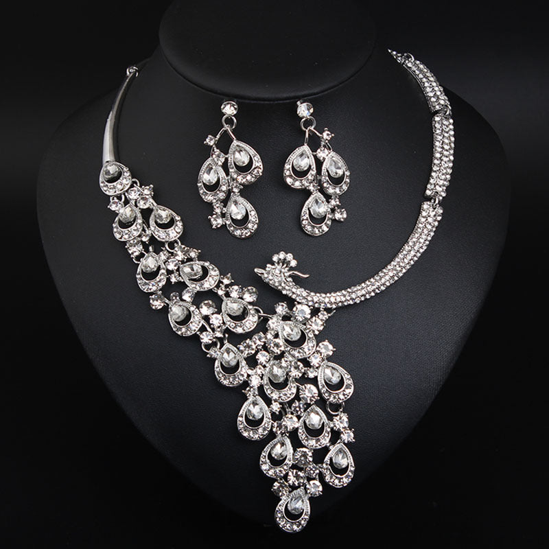 Luxury Multicolor Crystal Peacock Necklace and Earrings Jewelry Set