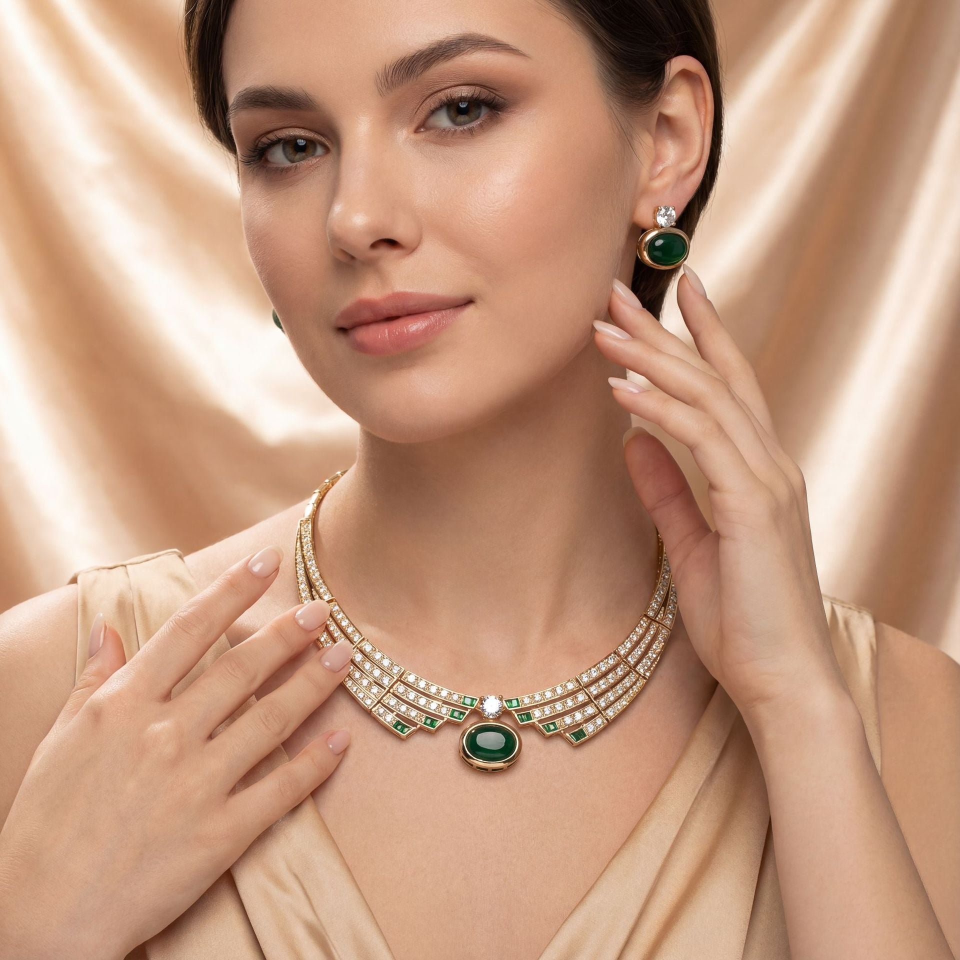 Parure collier et boucles d'oreilles émeraude plaquée vintage