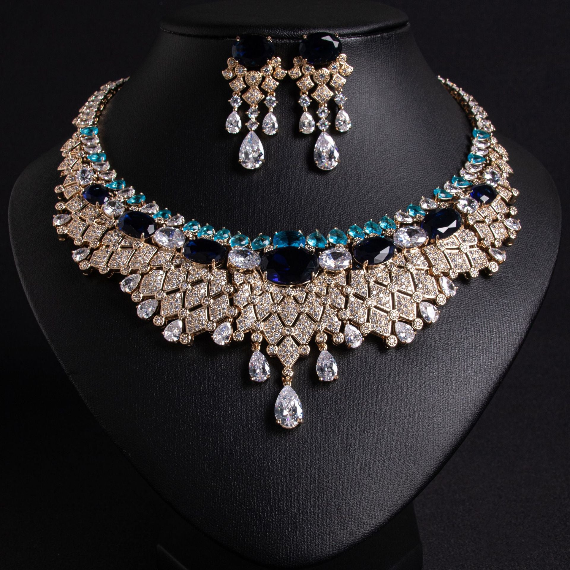 Luxury Ruby Red Crystal Statement Necklace and Earrings Jewelry Set