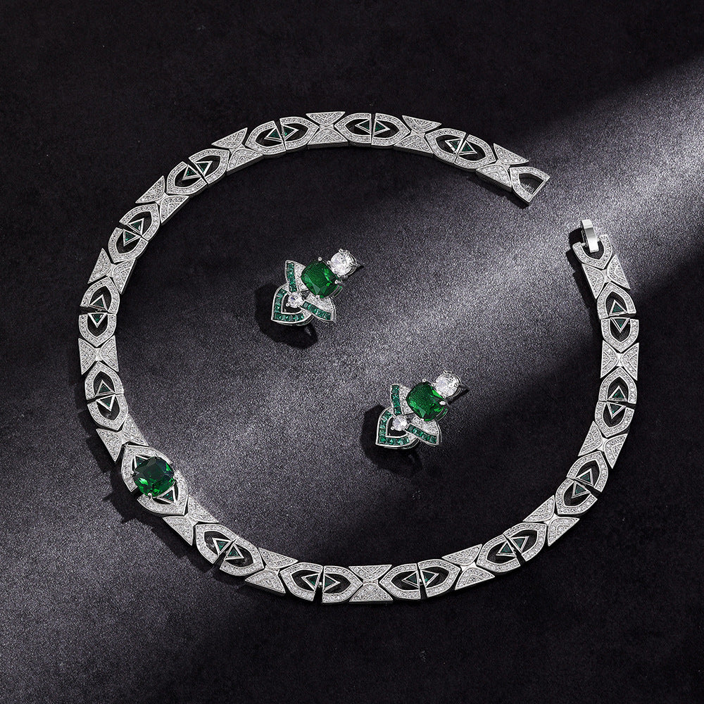 Luxury Green Crystal Geometric Necklace Set Silver Tone Statement Jewelry Set Earrings for Women