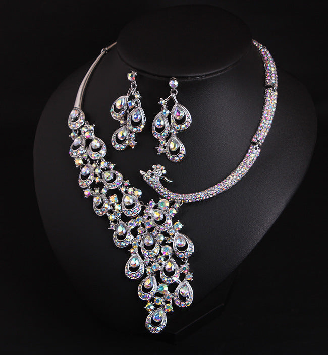 Luxury Multicolor Crystal Peacock Necklace and Earrings Jewelry Set