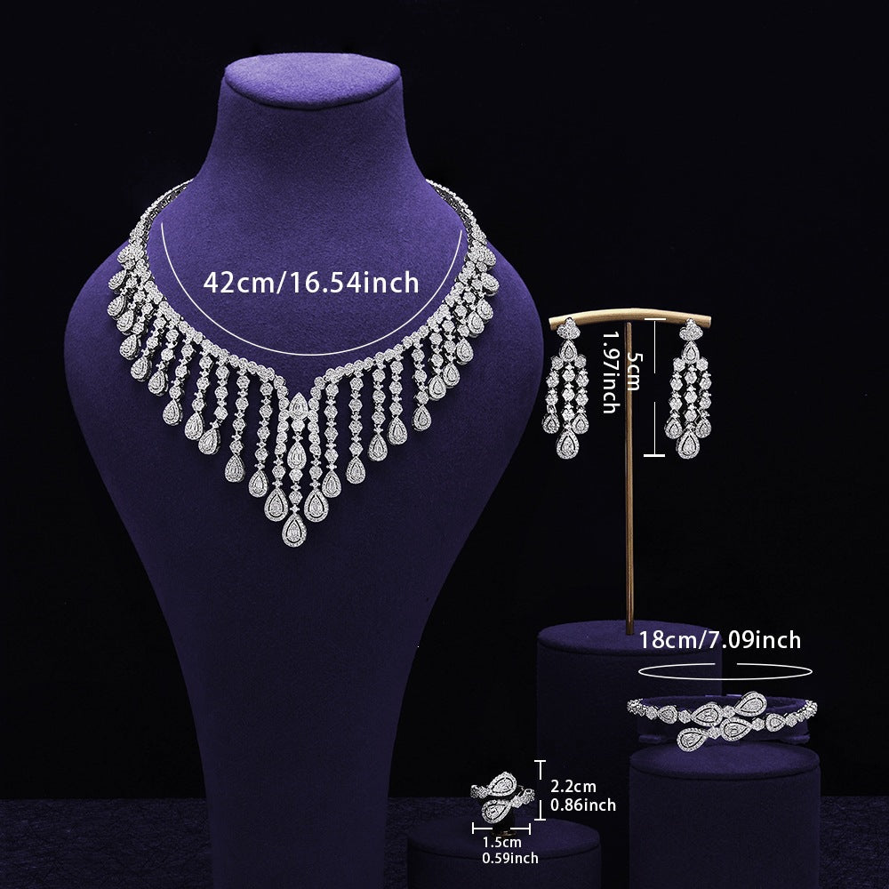 Luxury Silver Teardrop Jewelry Set – Necklace Earrings Bracelet Ring for Women