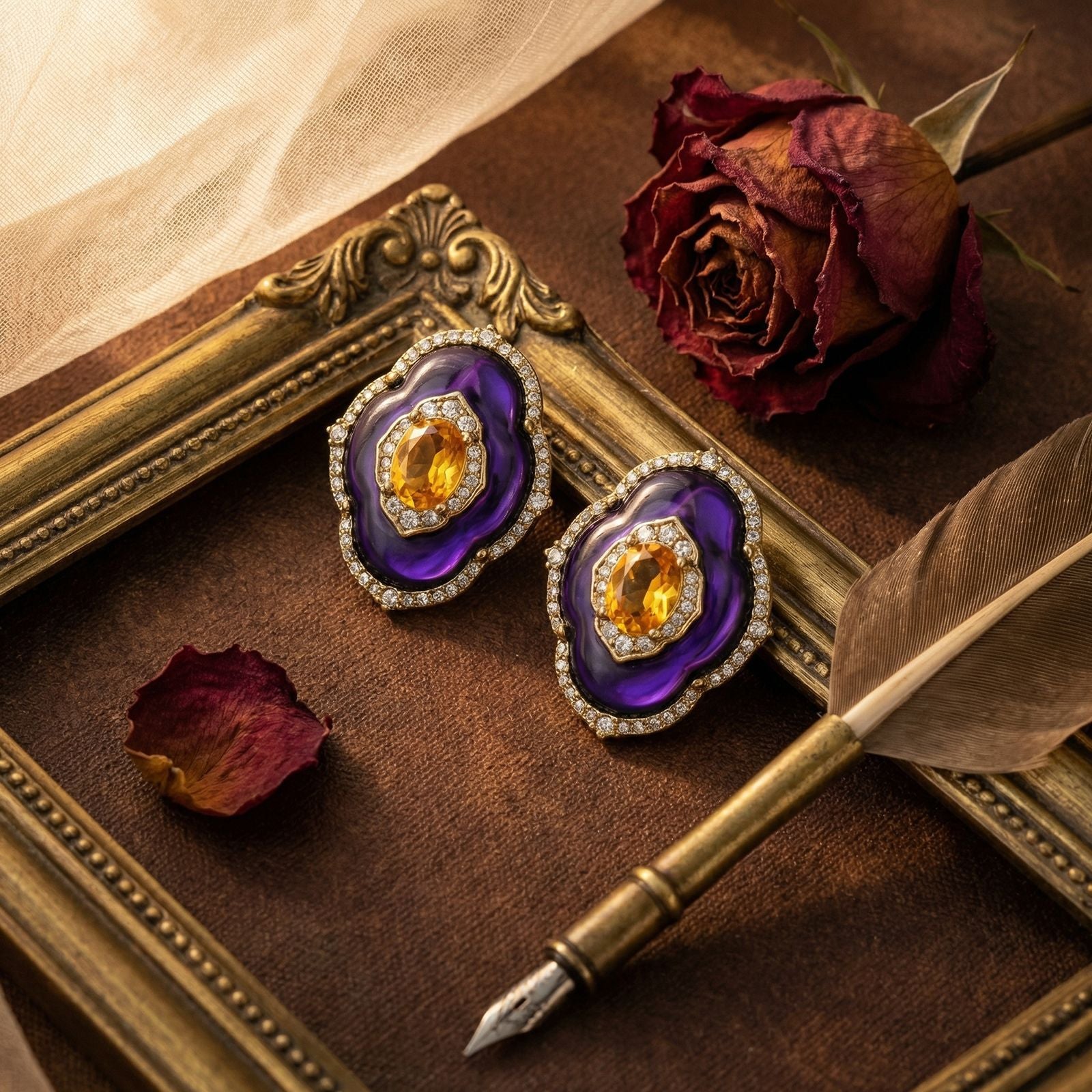 Ensemble collier, boucles d'oreilles et bague clous rétro style cour littéraire