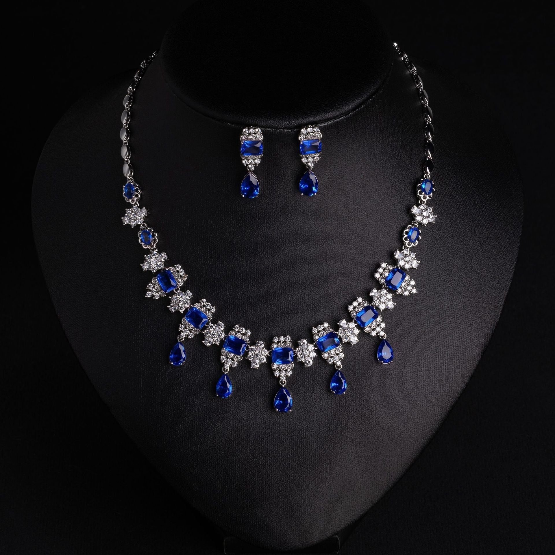 Luxury Ruby Red Crystal Drop Necklace Earrings Set – Elegant Statement Jewelry for Women