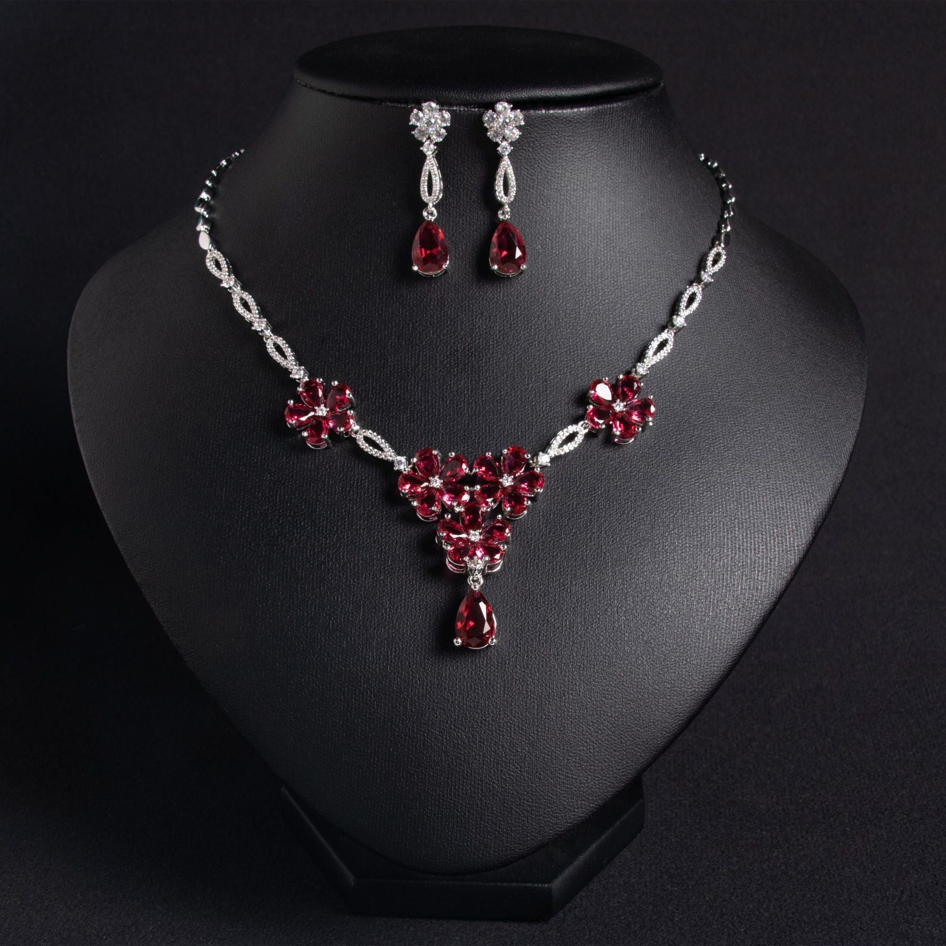 Luxury Ruby Red Floral Necklace Set for Women – Crystal Statement Jewelry with Matching Earrings
