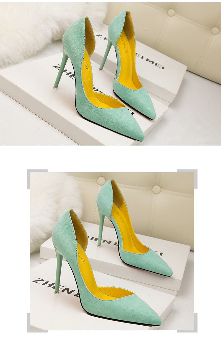 Simple suede hollow pointed high heels