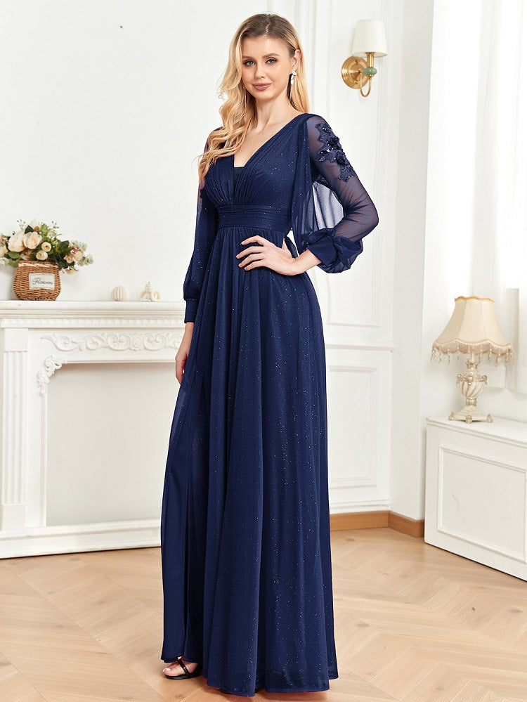 Sexy V-neck temperament long-sleeved dress