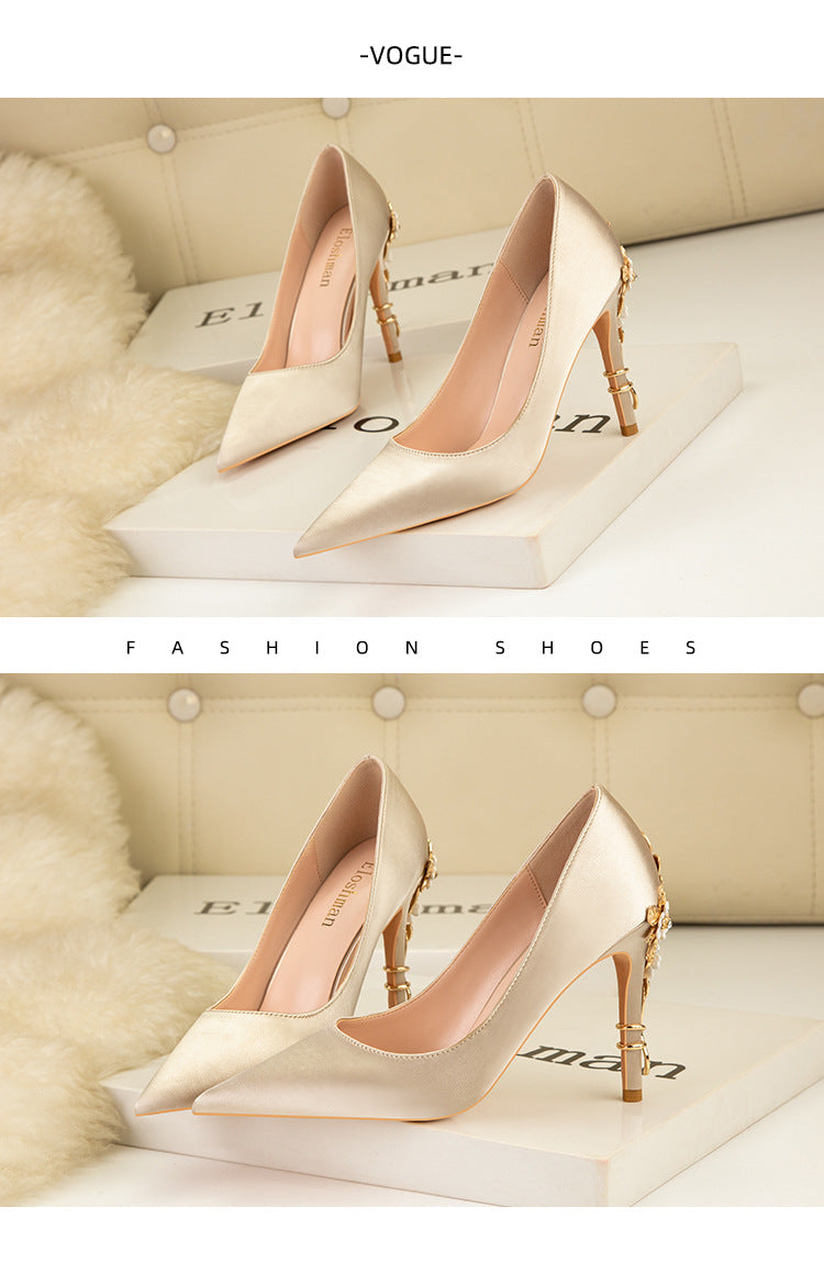 Sexy pointed satin metal flower high heels wedding shoes