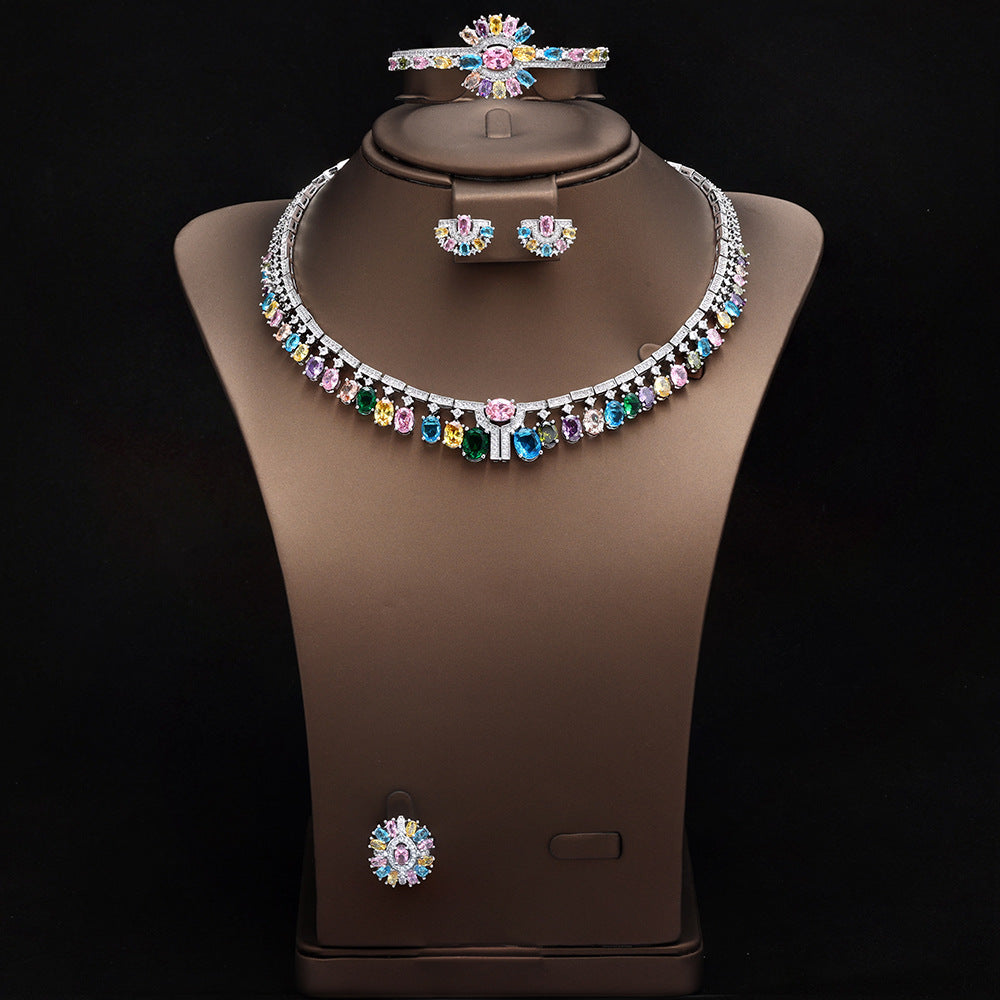 Luxury Rainbow Crystal Statement Jewelry Set – Necklace Earrings Ring Bridal Set