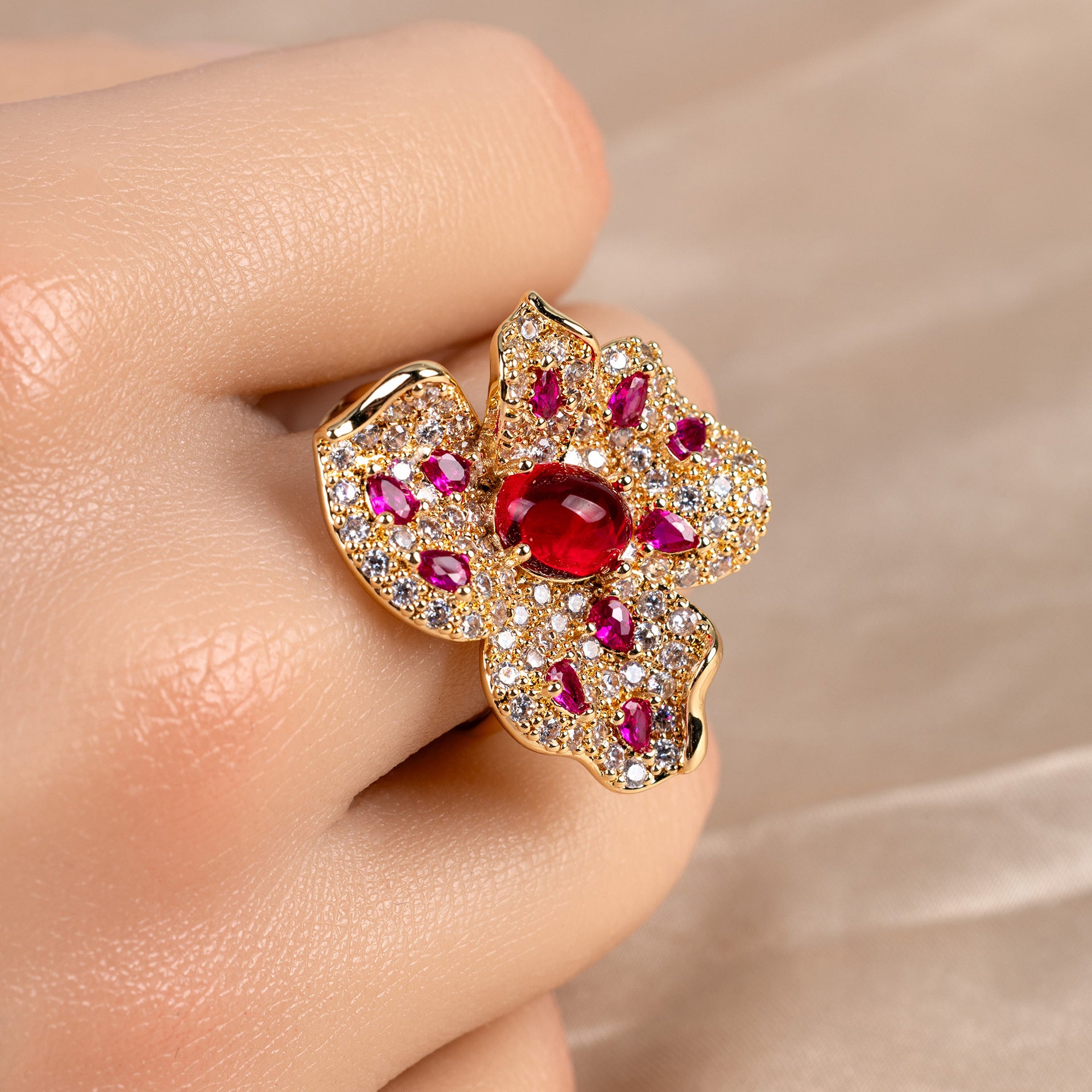 Vintage Gold Tone Red Crystal Flower Cocktail Ring for Women