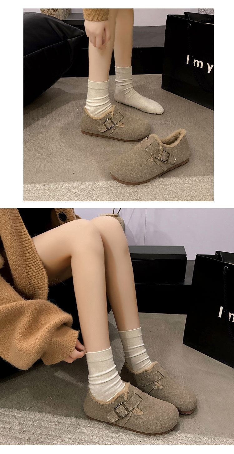 Winter retro round head flat-bottomed velvet thermal loafers