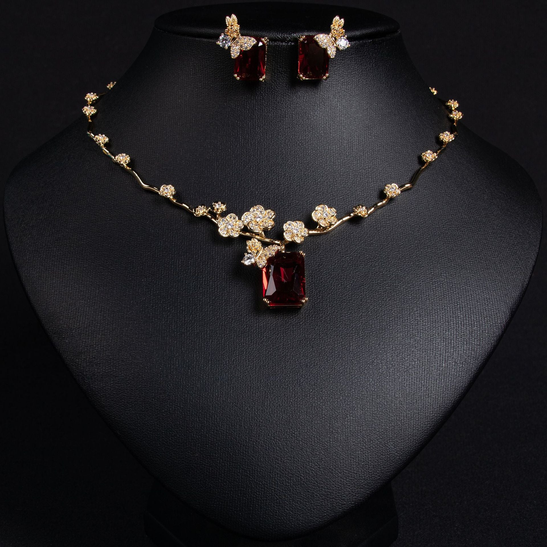 New Square Ruby Necklace Earring Set