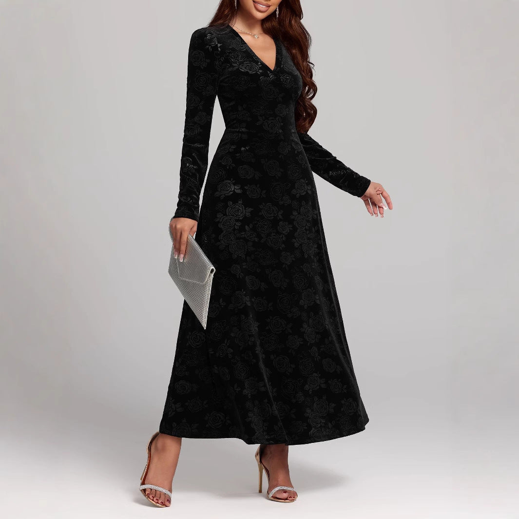 Fashion Velvet Print V-Neck Long Sleeve Dress