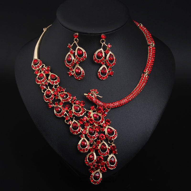 Luxury Multicolor Crystal Peacock Necklace and Earrings Jewelry Set