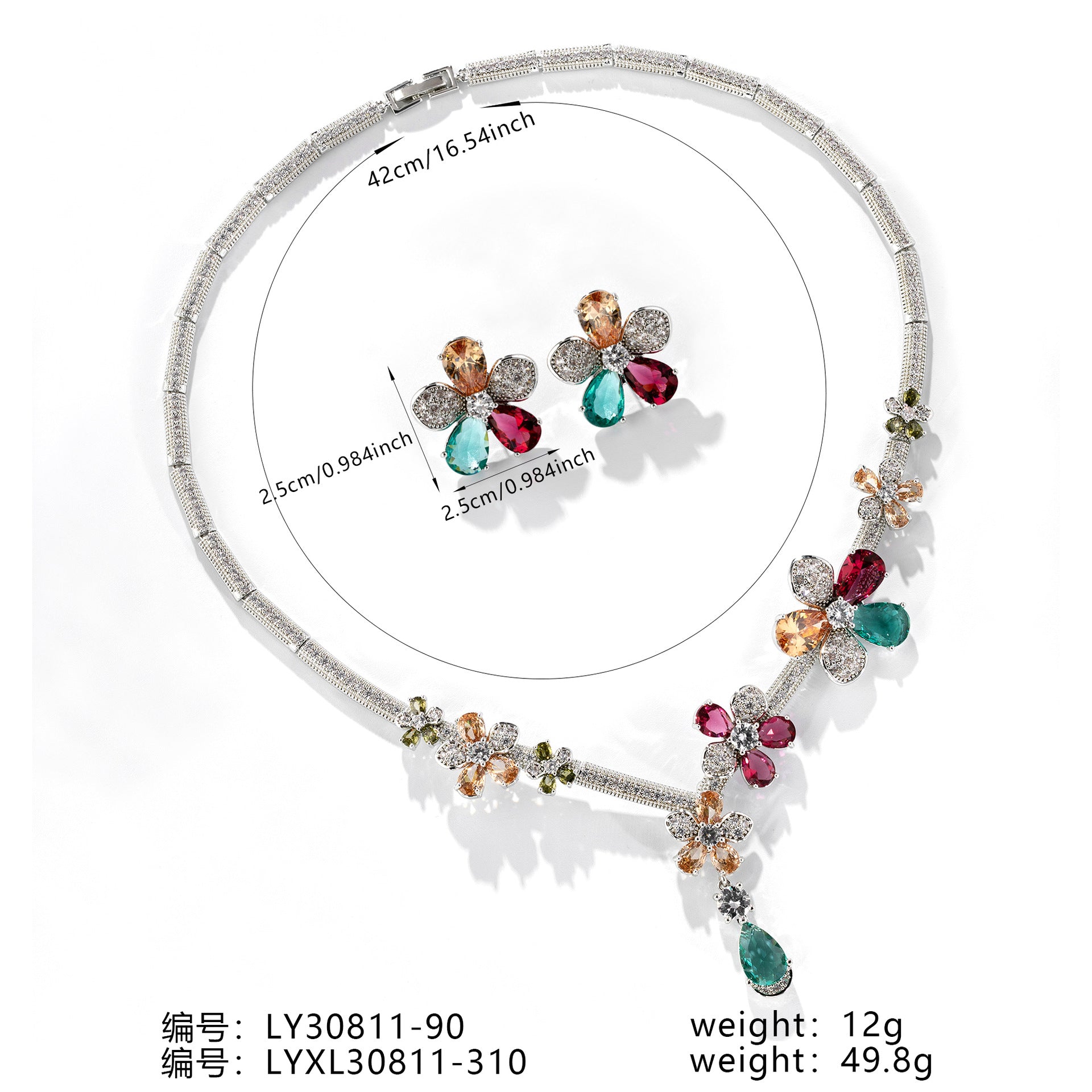 Elegant Multicolor Crystal Flower Necklace and Earrings Set – Luxury Jewelry for Women