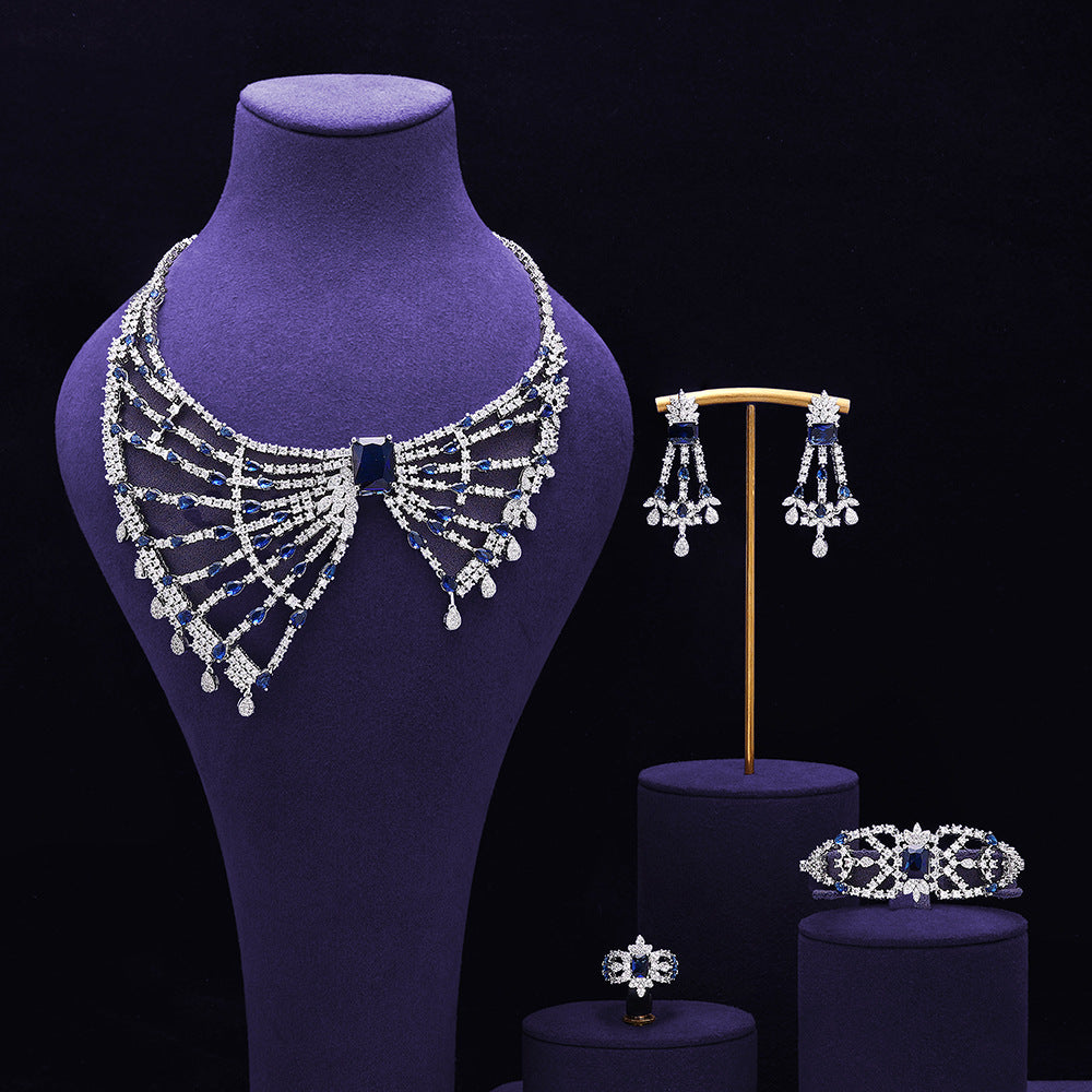Luxury Red Crystal Bow Style Necklace Earrings Bracelet Ring Jewelry Set