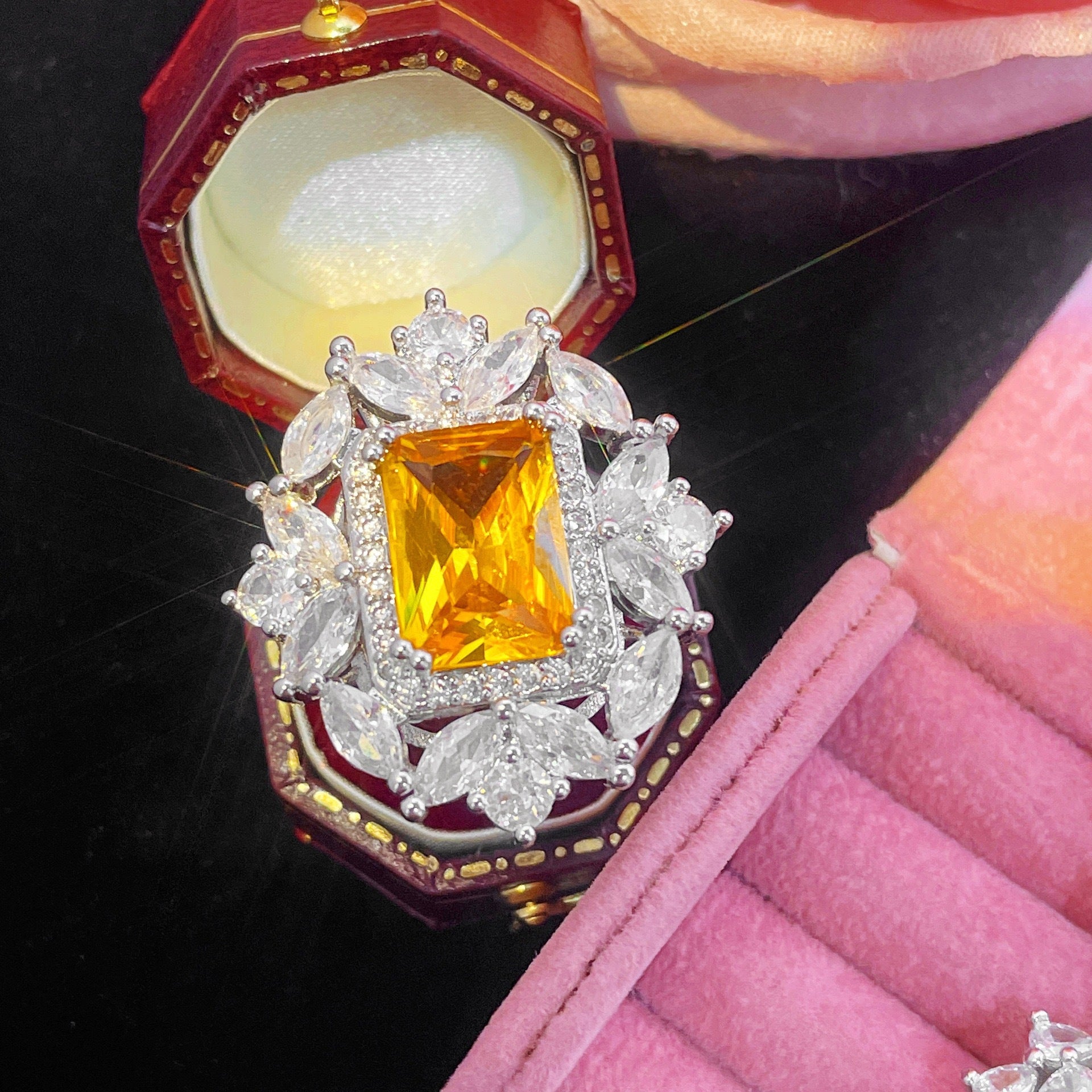 Luxury Yellow Crystal Necklace Ring and Earrings Jewelry Set