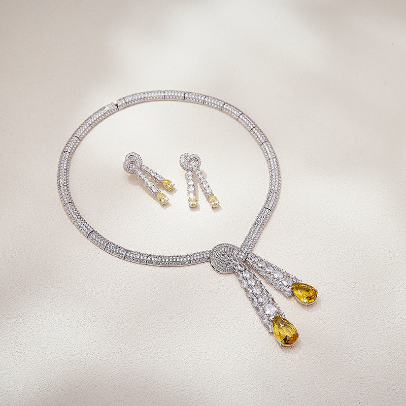 Luxury Pink Crystal Tassel Jewelry Set Necklace Earrings Elegant Circle Pendant Statement Set for Women