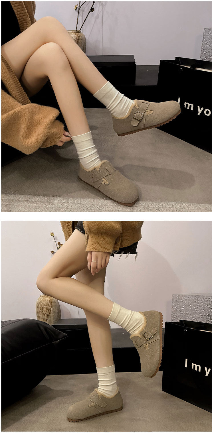 Winter retro round head flat-bottomed velvet thermal loafers