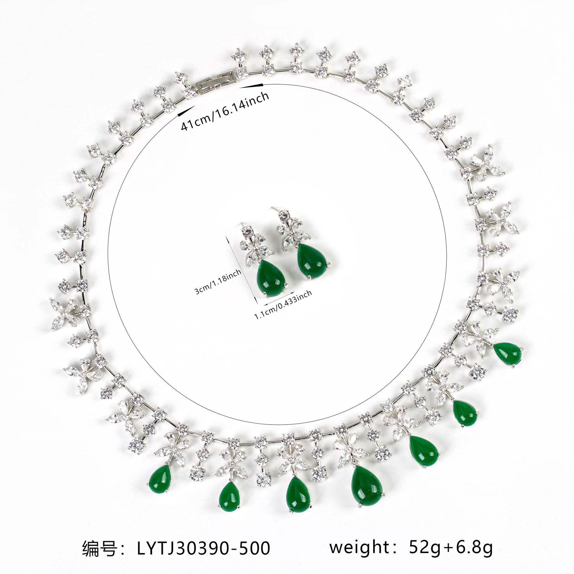 Elegant Emerald Crystal Flower Jewelry Set – Silver Necklace Earrings for Women