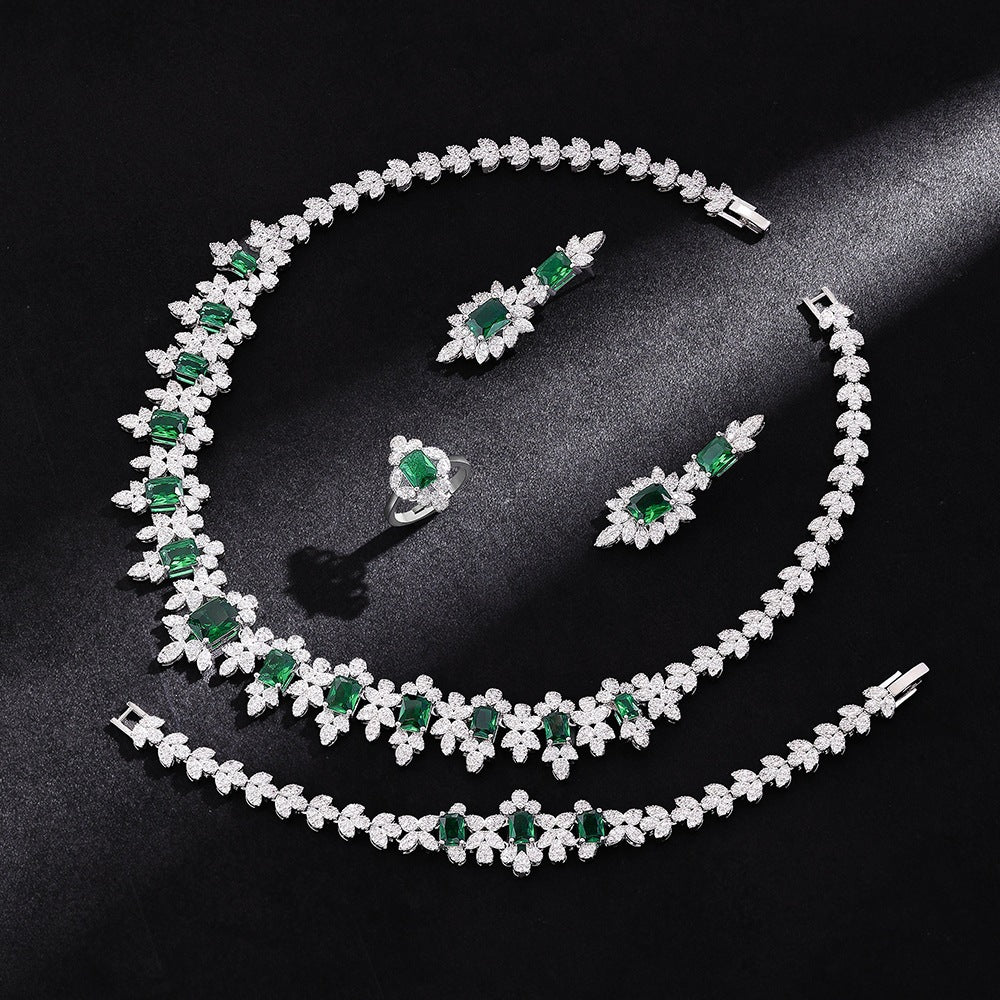 Luxury Emerald Green Crystal Jewelry Set – Necklace Earrings Bracelet Ring for Women