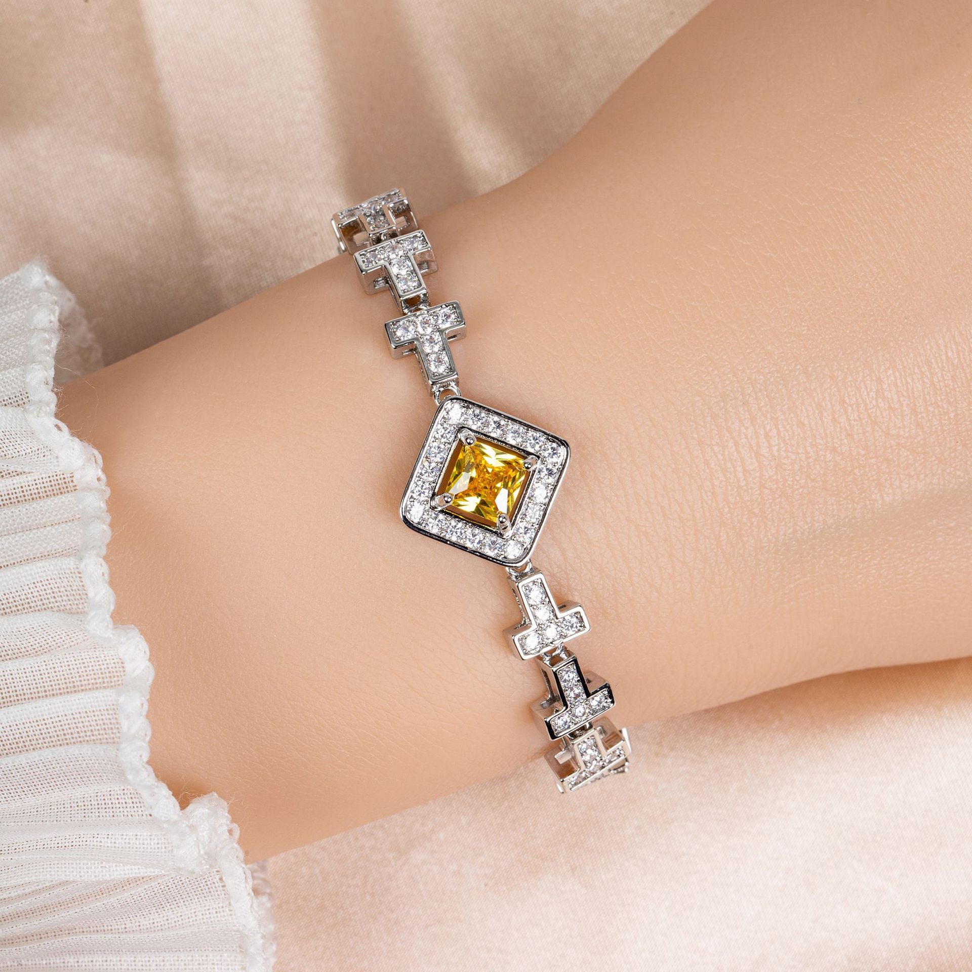 Luxury Yellow Square Crystal Bracelet – Silver Tone Halo Statement Jewelry for Women