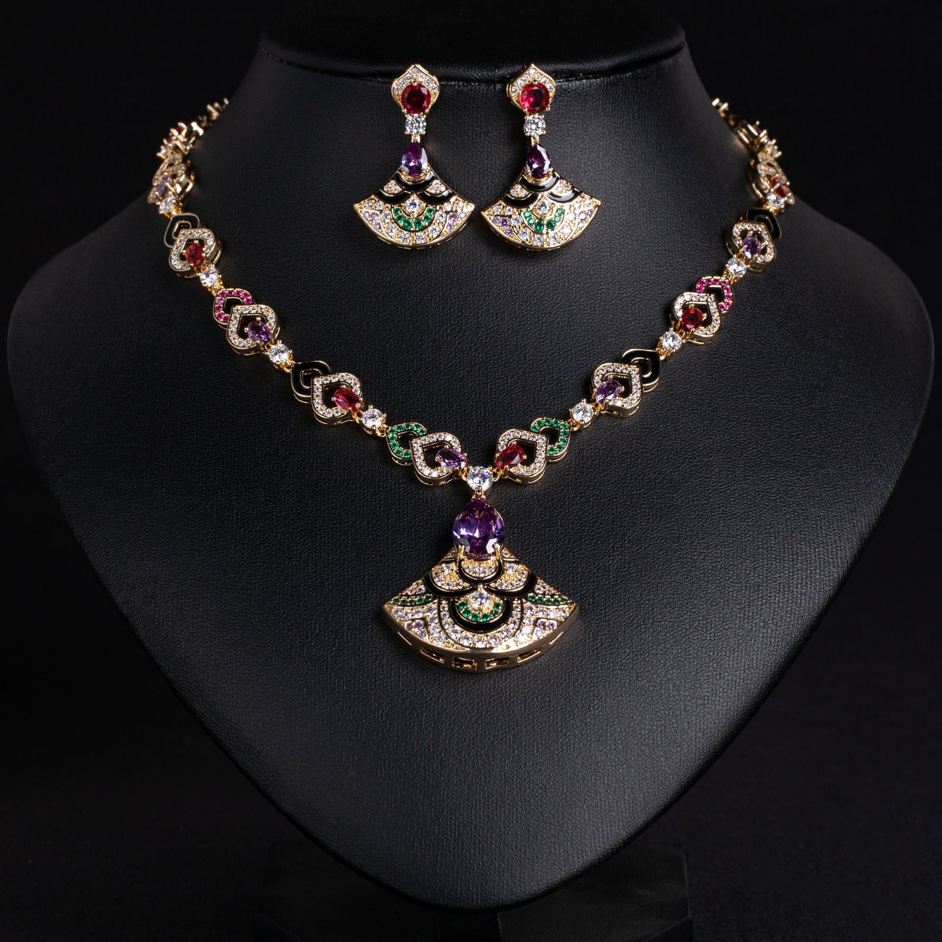 Light luxury heavy industry fan-shaped micro-inlaid zircon necklace set