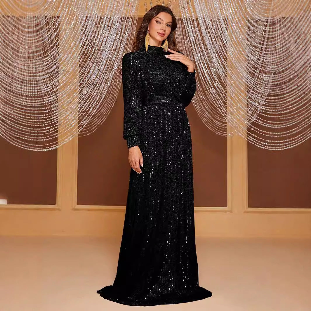 Solid color sequined long-sleeved stand-up neck evening dress long dress