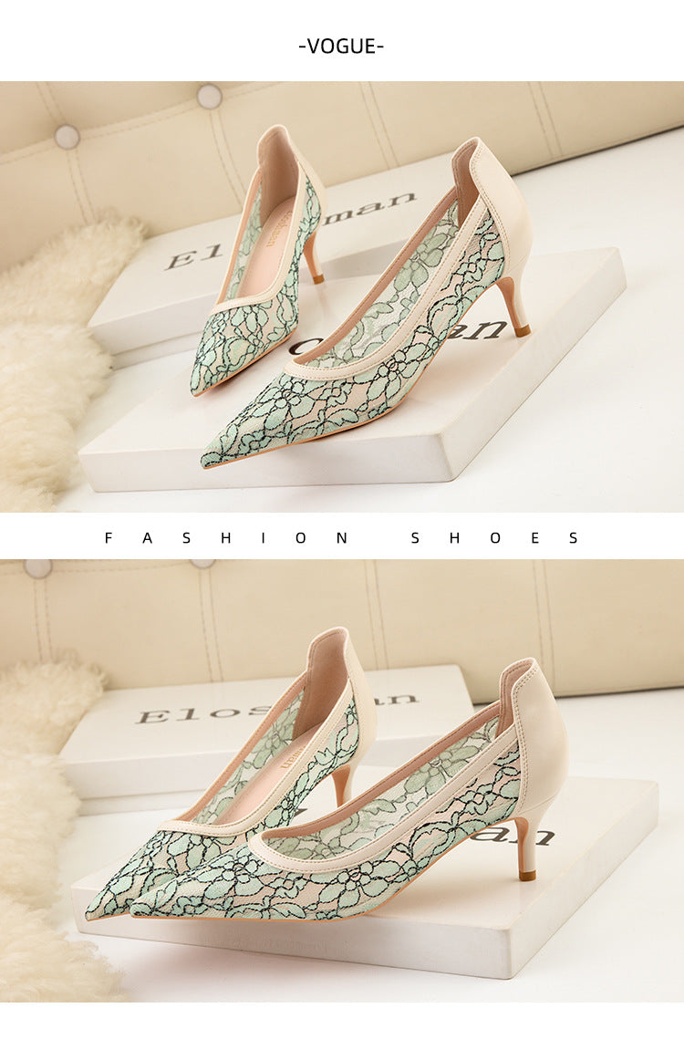 Sexy pointed hollow lace high heels